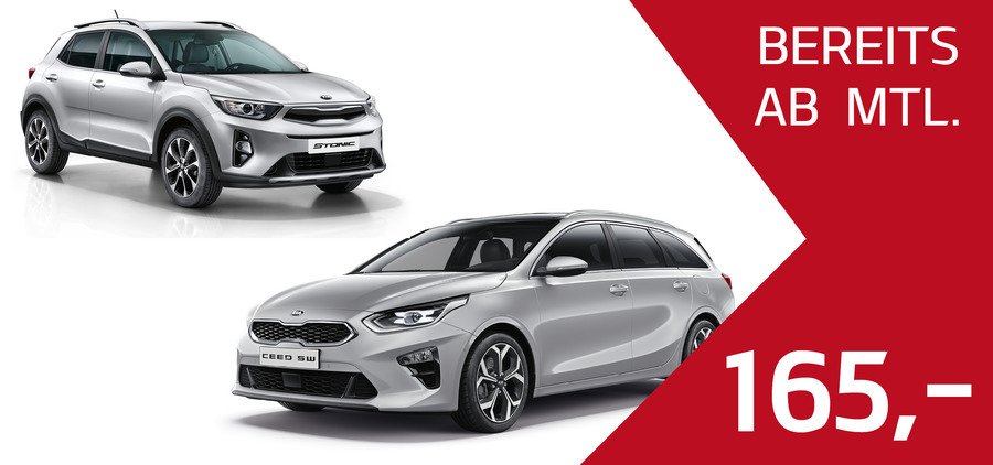 Zwei Kia Autos, ein SUV oben und ein Kombi unten, mit einem Preisangebot von 165,- ab MTL.