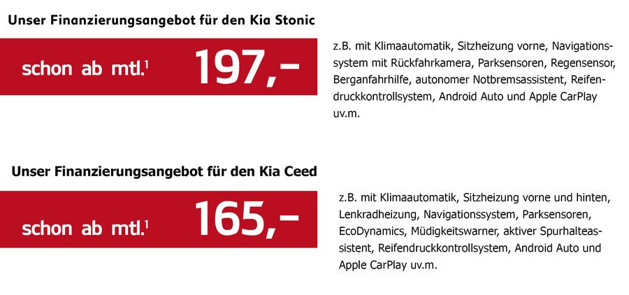 Finanzierungsangebote für Kia Stonic und Ceed, Preise ab 197€ bzw. 165€, mit Ausstattungshinweisen.